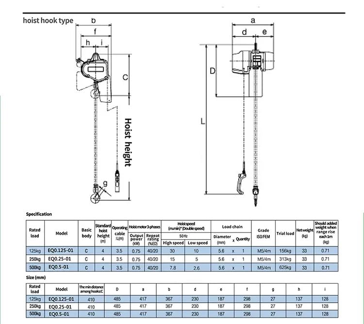 MTC Crane 1 Ton Electric Chain Hoist, 480V 3-phase, 20' Lift Height, VFD, Pendant with Emergency Stop