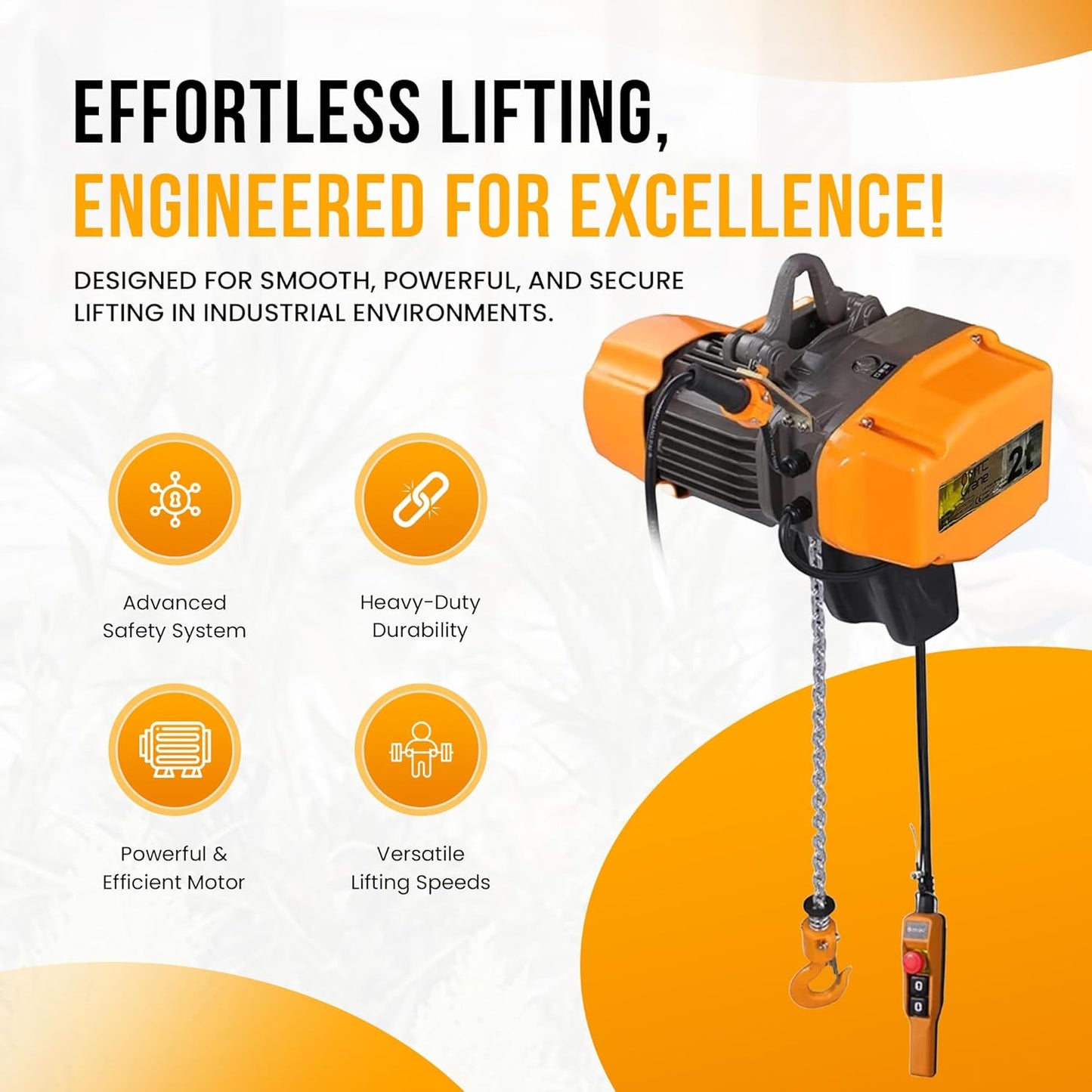 MTC Crane 2 Ton Electric Chain Hoist, 480V 3-phase, 20' Lift Height, VFD, Pendant with Emergency Stop