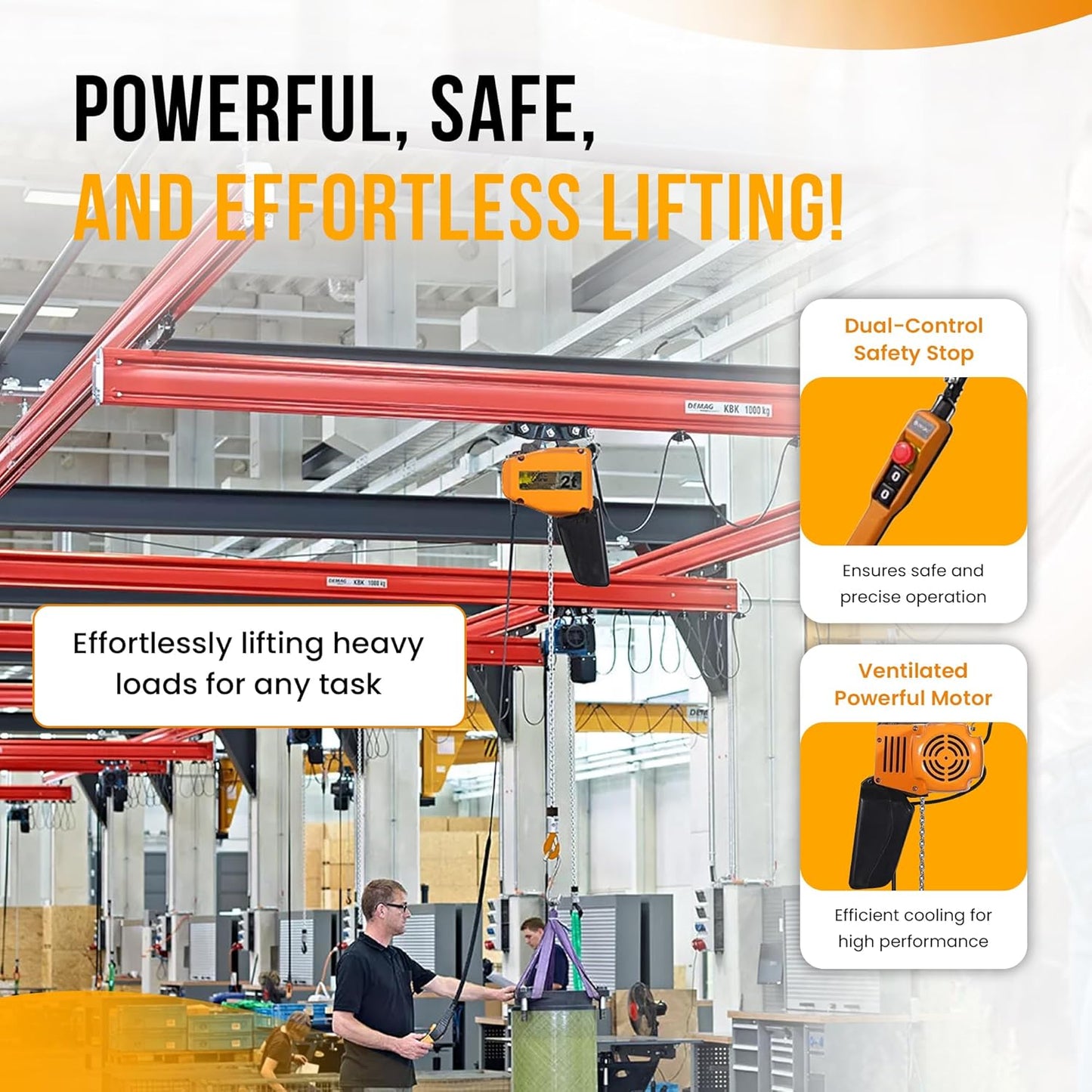 MTC Crane 2 Ton Electric Chain Hoist, 480V 3-phase, 20' Lift Height, VFD, Pendant with Emergency Stop