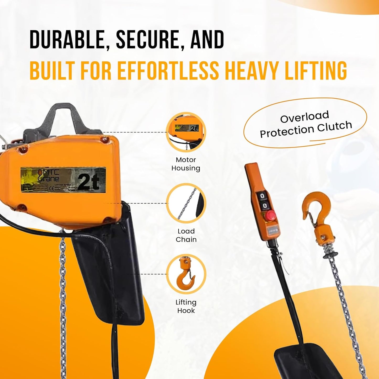 MTC Crane 2 Ton Electric Chain Hoist, 480V 3-phase, 20' Lift Height, VFD, Pendant with Emergency Stop