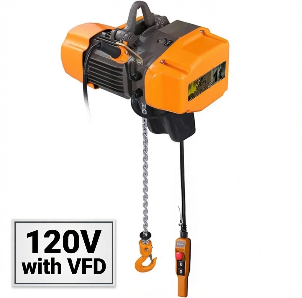 MTC Crane 1 Ton Electric Chain Hoist, 120V, 20' Lift Height, VFD, Pendant with Emergency Stop and Radio Controls included!