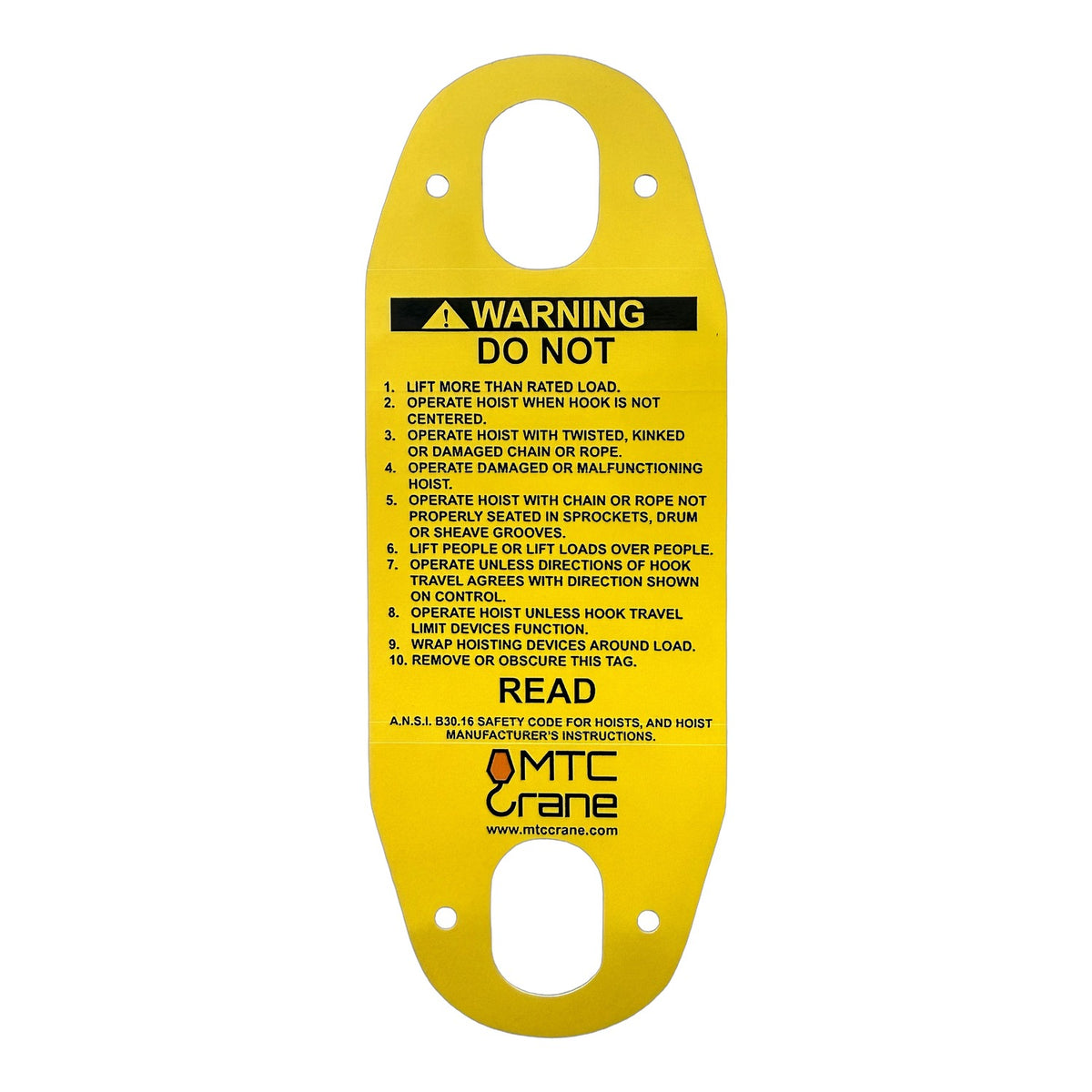 MTC Crane Hoist Pendant Warning Tag — Bilingual English/Spanish Yellow PVC