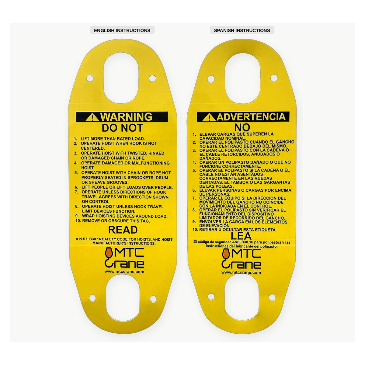 MTC Crane Hoist Pendant Warning Tag — Bilingual English/Spanish Yellow PVC
