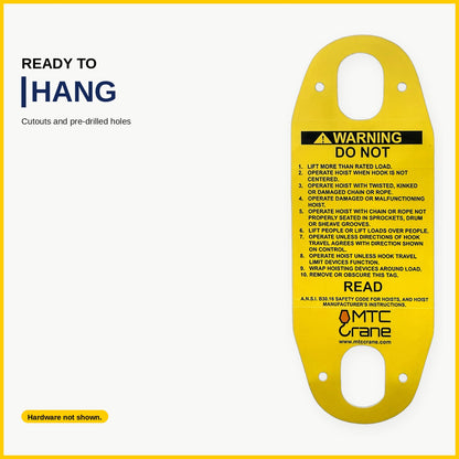 MTC Crane Hoist Pendant Warning Tag — Bilingual English/Spanish Yellow PVC