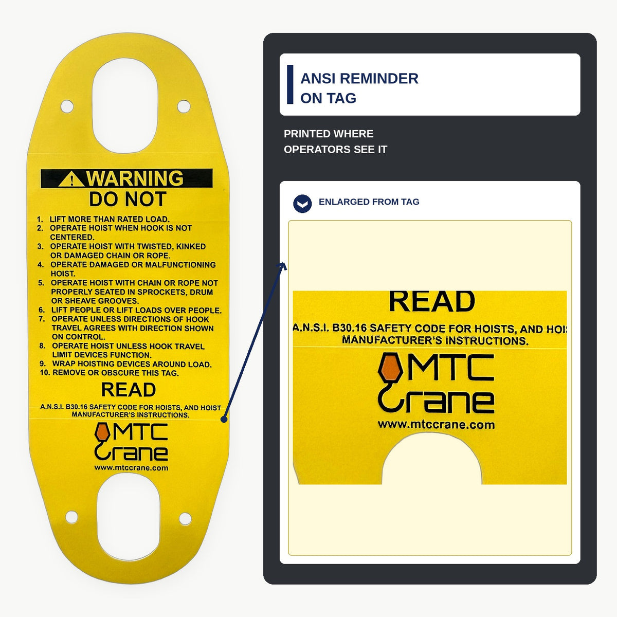 MTC Crane Hoist Pendant Warning Tag — Bilingual English/Spanish Yellow PVC