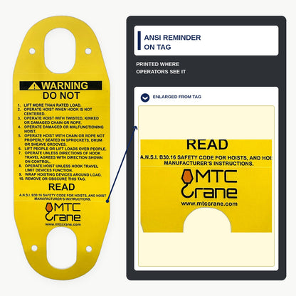 MTC Crane Hoist Pendant Warning Tag — Bilingual English/Spanish Yellow PVC