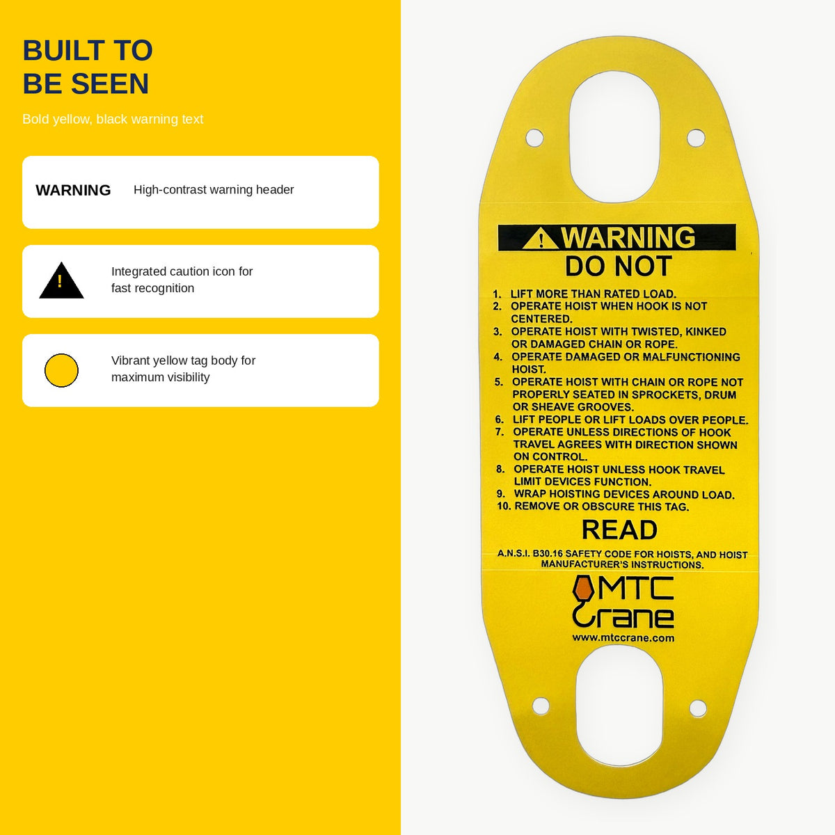 MTC Crane Hoist Pendant Warning Tag — Bilingual English/Spanish Yellow PVC