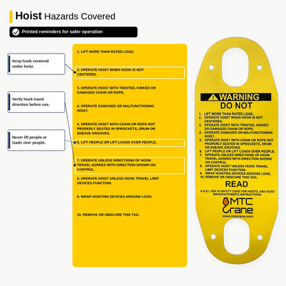 MTC Crane Hoist Pendant Warning Tag — Bilingual English/Spanish Yellow PVC
