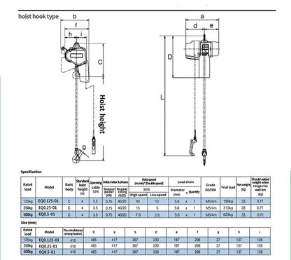 MTC Crane 1 Ton Electric Chain Hoist, 480V 3-phase, 20' Lift Height, VFD, Pendant with Emergency Stop