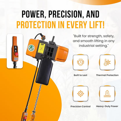 MTC Crane 1 Ton Electric Chain Hoist, 480V 3-phase, 20' Lift Height, VFD, Pendant with Emergency Stop