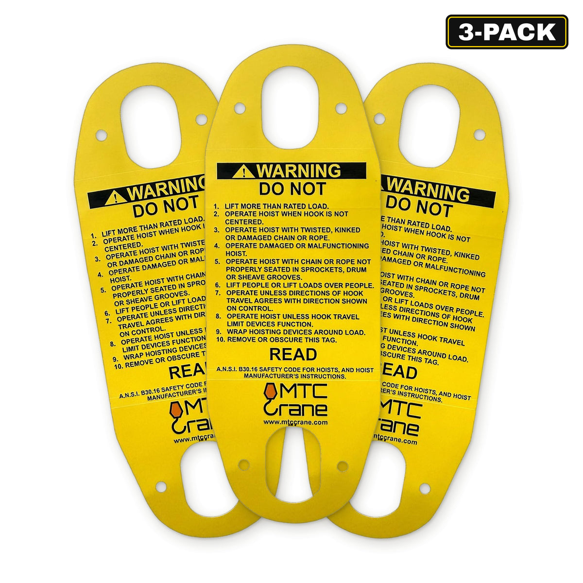 MTC Crane hoist pendant warning tag 3-pack: three yellow bilingual English/Spanish PVC tags with 3-PACK badge