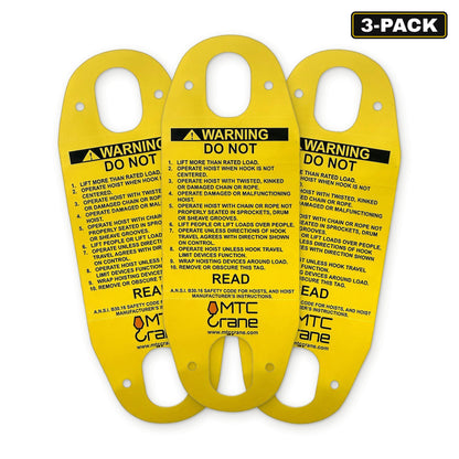 MTC Crane hoist pendant warning tag 3-pack: three yellow bilingual English/Spanish PVC tags with 3-PACK badge
