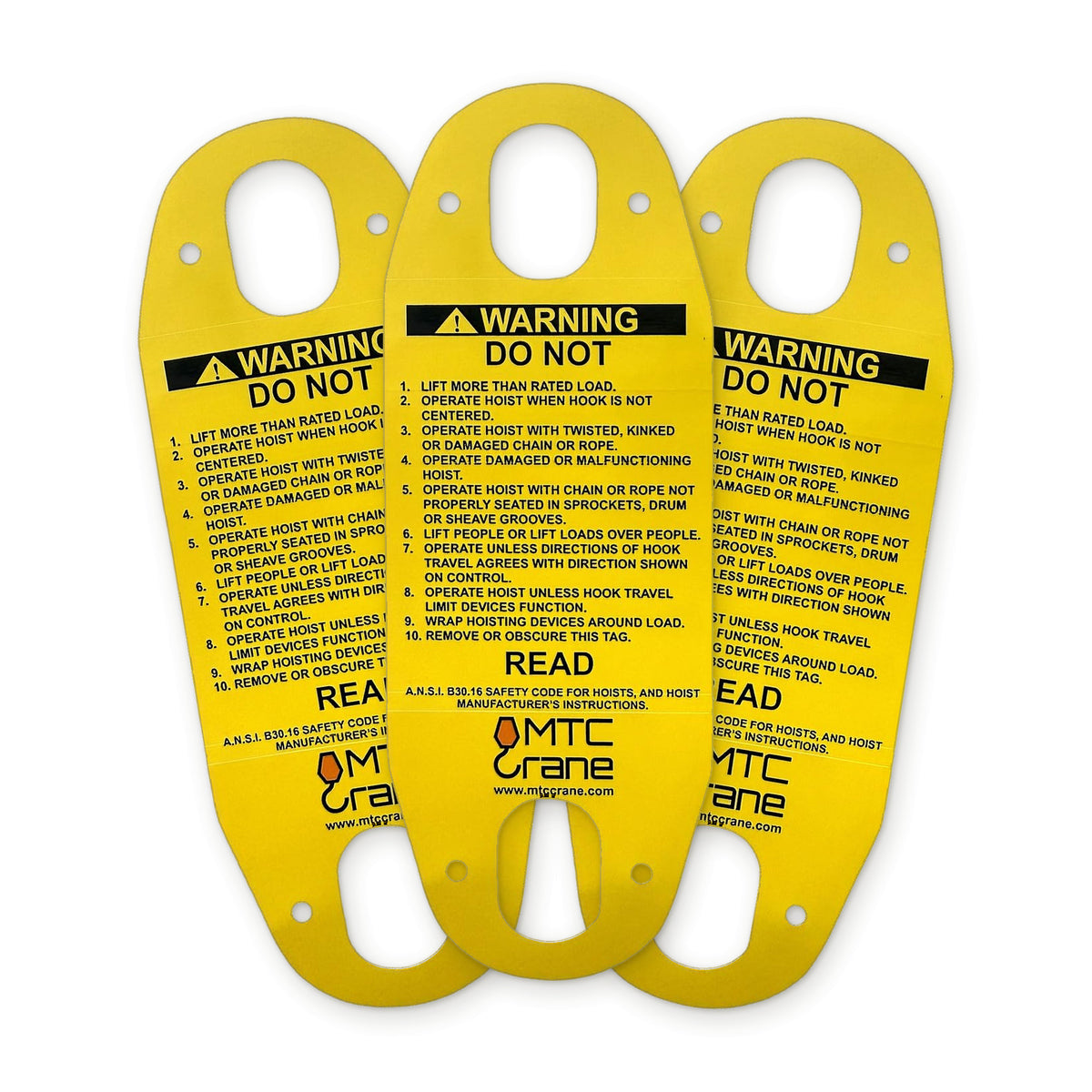 Three identical yellow MTC Crane hoist pendant warning tags fanned out, English WARNING / DO NOT side