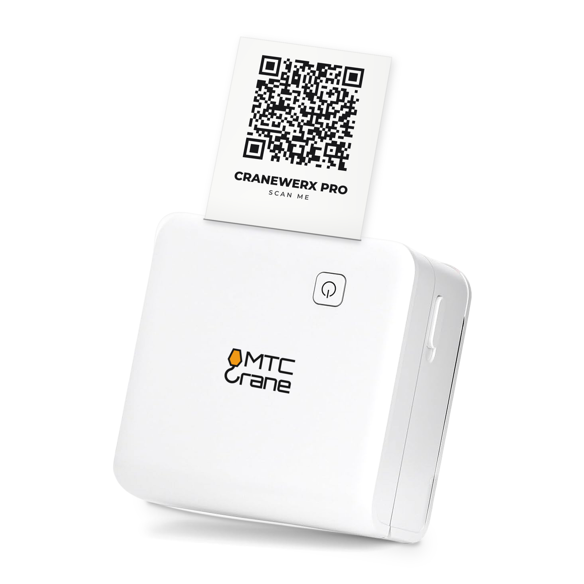 Portable Bluetooth QR label printer for Cranewerx Pro printing a QR label